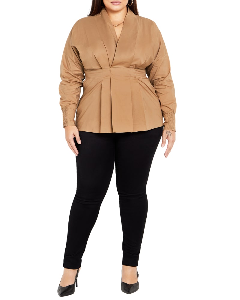 Front of a model wearing a size S SHIRT SOPHISTICATED in Caramel by City Chic. | dia_product_style_image_id:317826